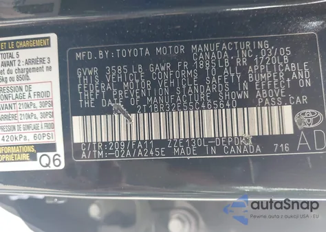 2005 Toyota Corolla Ce/Le/S from USA, damaged, VIN 2T1BR32E55C465640